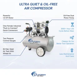 California Air Tools 8010 1 HP 8 Gallon Ultra Quiet and Oil-Free Steel Tank Wheelbarrow Air Compressor