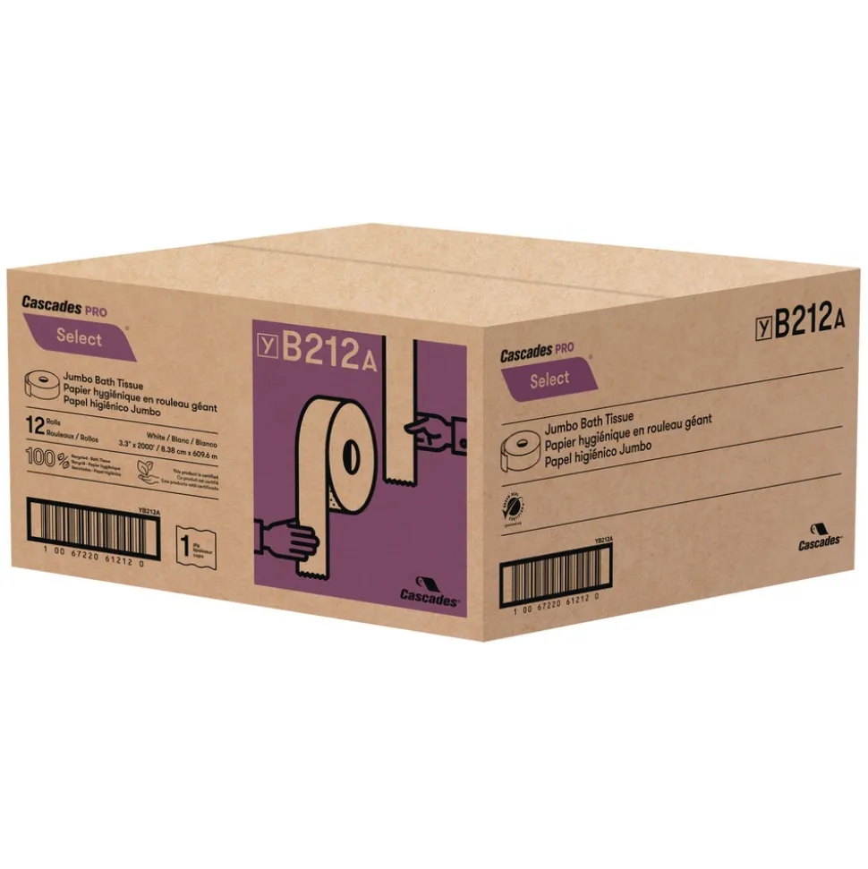 Cascades PRO 3.3 in. x 2000 ft. 1-Ply Septic-Safe Select Jumbo Bath Tissue - White (12 Rolls/Carton)