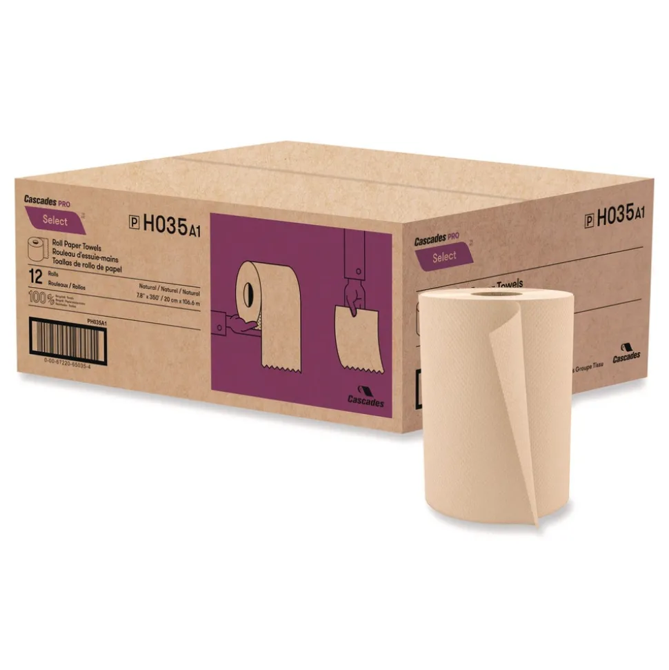 Cascades PRO 7.88 in. x 350 ft. 1-Ply Select Hardwound Roll Towels - Natural (12 Rolls/Carton)
