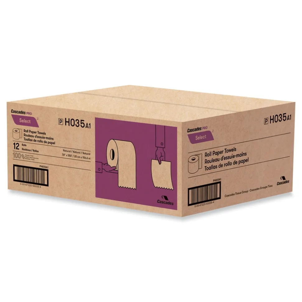 Cascades PRO 7.88 in. x 350 ft. 1-Ply Select Hardwound Roll Towels - Natural (12 Rolls/Carton)