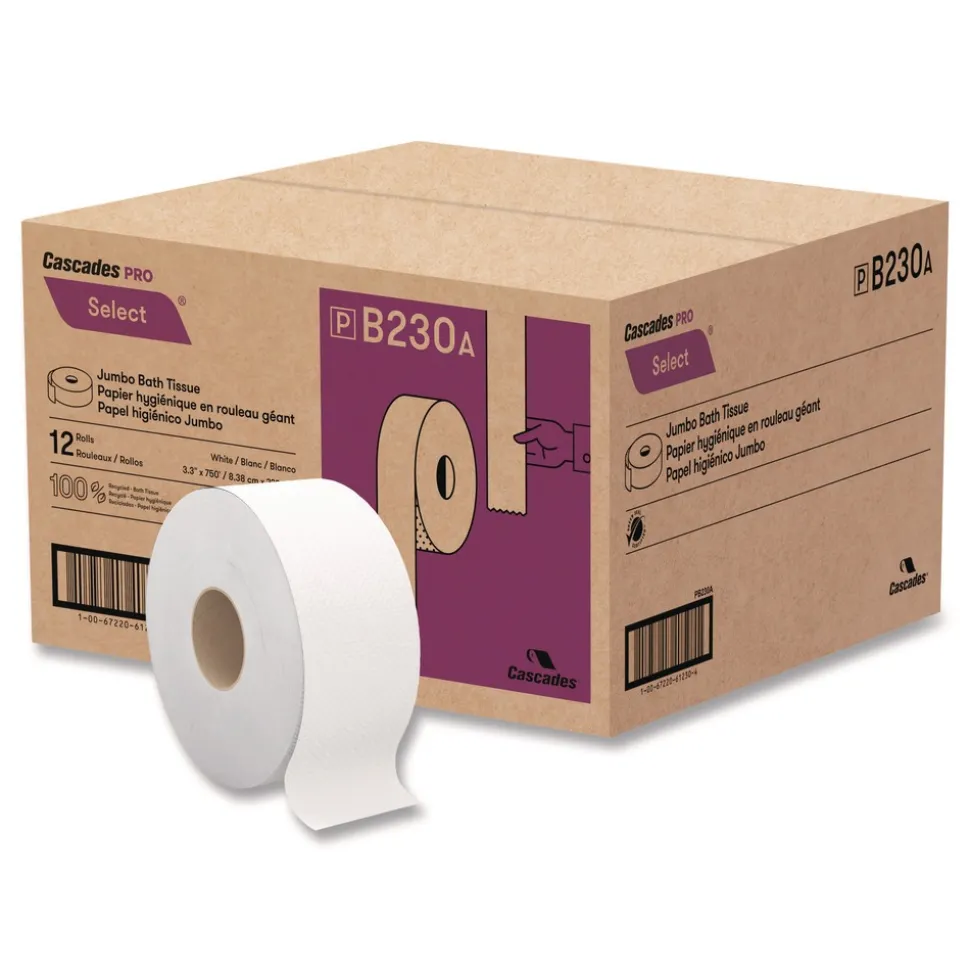 Cascades PRO 3.3 in. x 750 ft. 2-Ply Septic Safe Select Jumbo Bath Tissue - White (12/Carton)