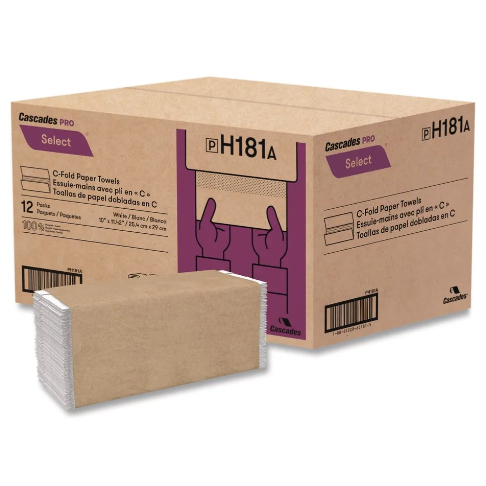 Cascades PRO 3.75 in. x 10 in. 1-Ply C-Fold Select Paper Towels - White (12 Packs/Carton)