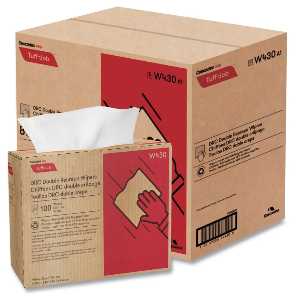 Cascades PRO 9.75 in. x 16.5 in. Tuff-Job Double Recrepe Wipers - White (8 Boxes/Carton)