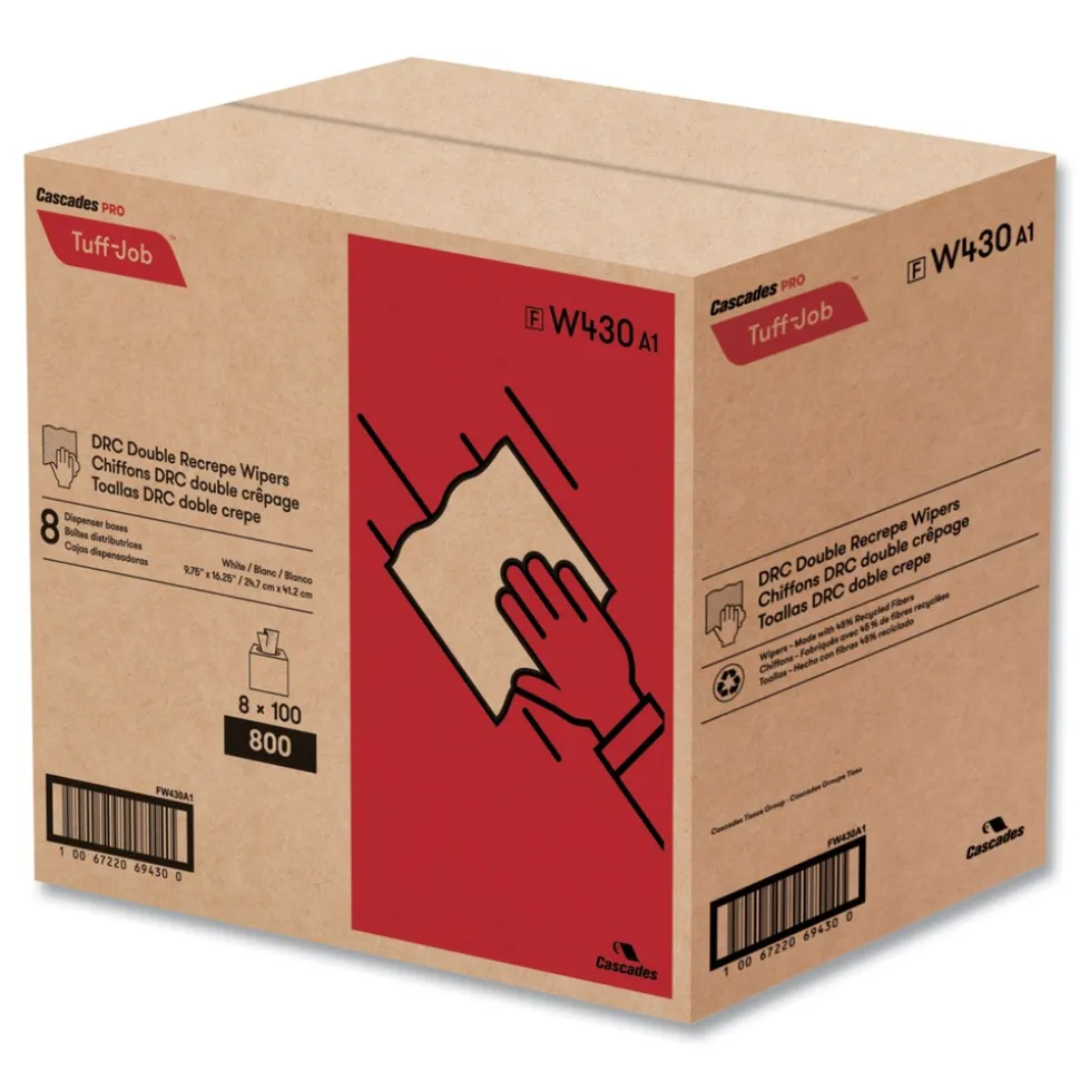 Cascades PRO 9.75 in. x 16.5 in. Tuff-Job Double Recrepe Wipers - White (8 Boxes/Carton)