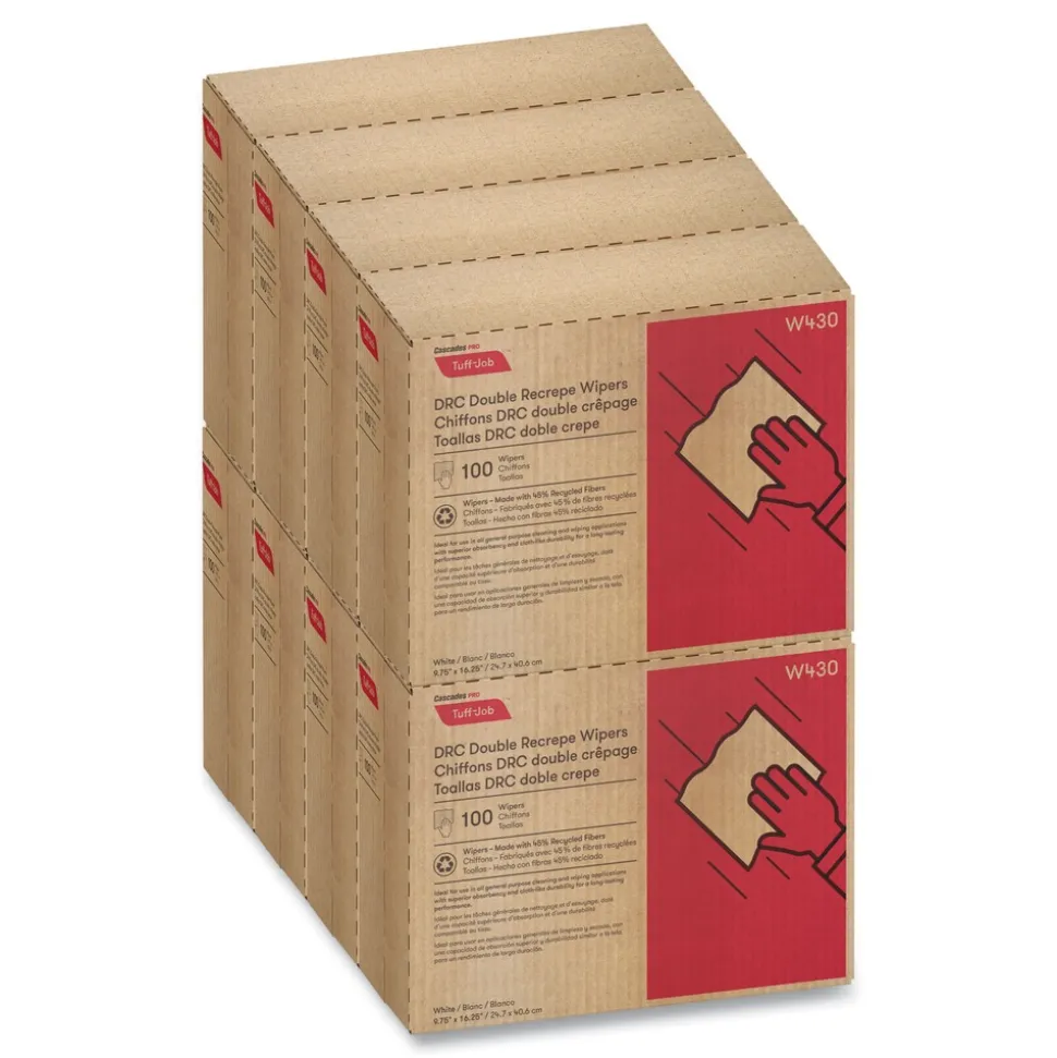 Cascades PRO 9.75 in. x 16.5 in. Tuff-Job Double Recrepe Wipers - White (8 Boxes/Carton)