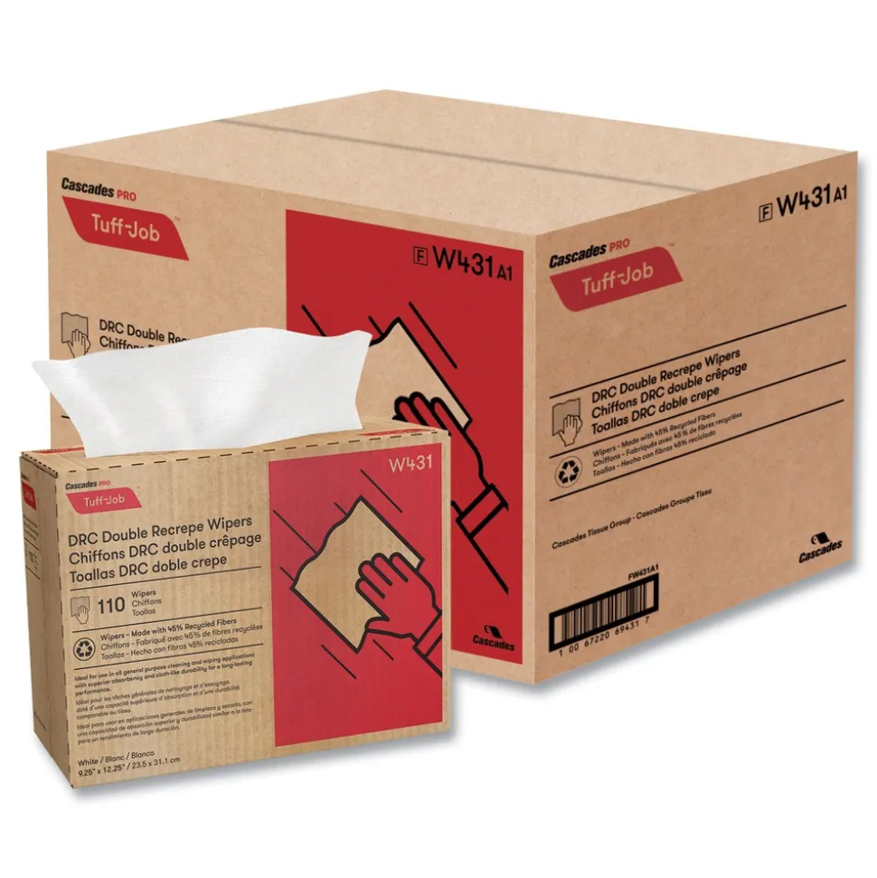 Cascades PRO 9.25 in. x 12.5 in. Tuff-Job Double Recrepe Wipers - White (12/Carton)