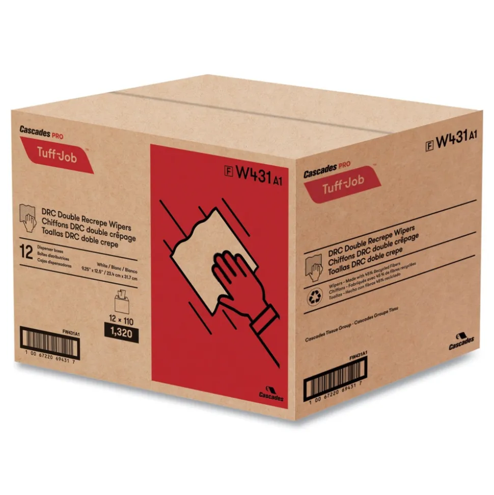 Cascades PRO 9.25 in. x 12.5 in. Tuff-Job Double Recrepe Wipers - White (12/Carton)