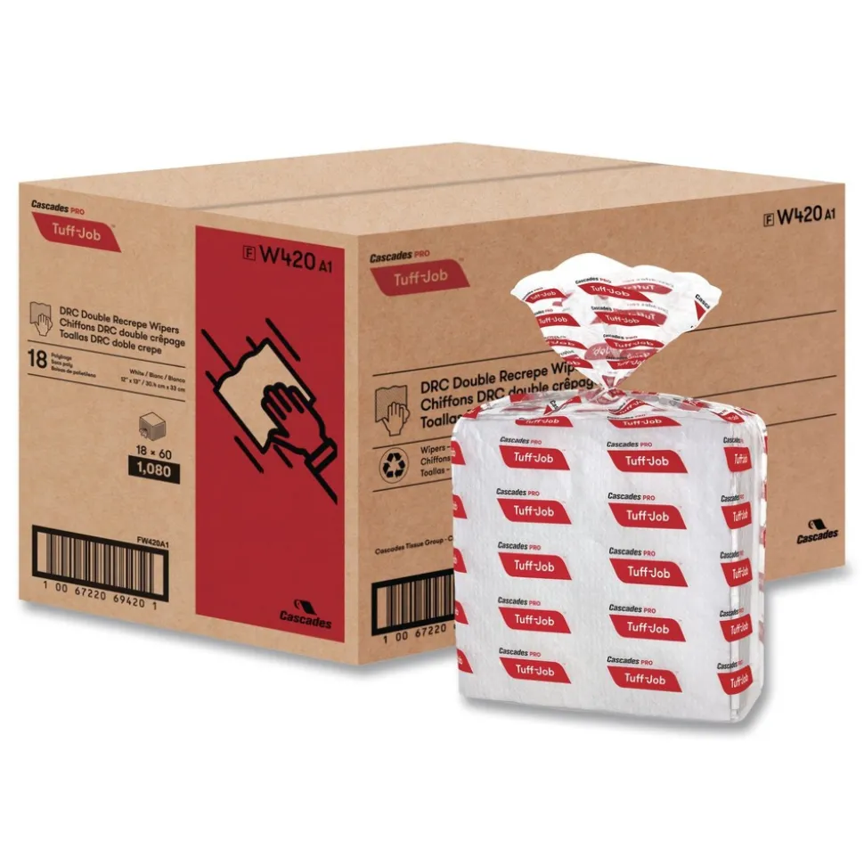 Cascades PRO 12 in. x 13 in. Tuff-Job S400 DRC Medium Wipers - White (18 Packs/Carton)