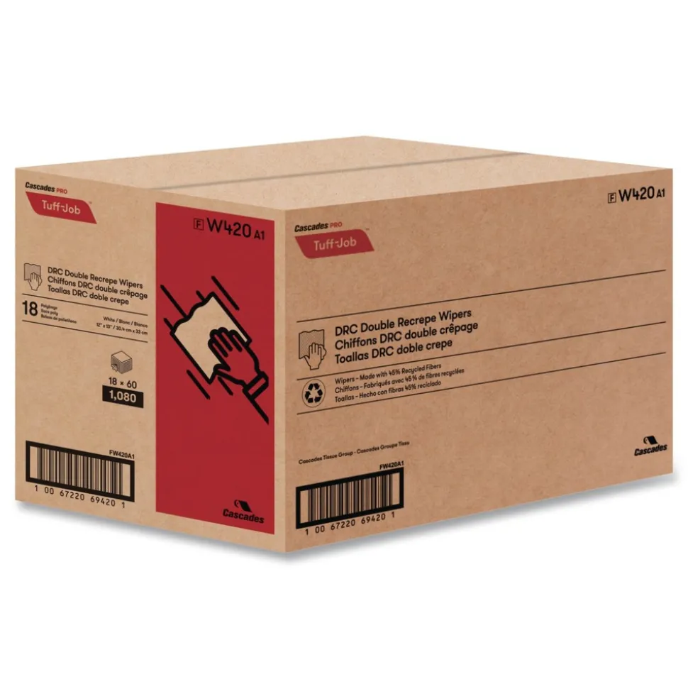 Cascades PRO 12 in. x 13 in. Tuff-Job S400 DRC Medium Wipers - White (18 Packs/Carton)