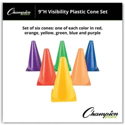 Champion Sports TC9SET 5 in. x 5 in. Base 9 in. Tall High-Visibility Plastic Cones - Assorted Colors (6/Set)