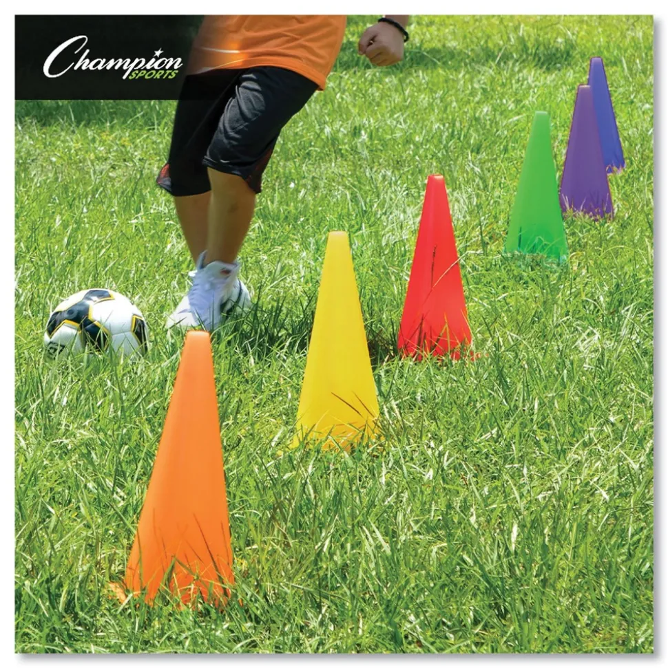 Champion Sports TC9SET 5 in. x 5 in. Base 9 in. Tall High-Visibility Plastic Cones - Assorted Colors (6/Set)