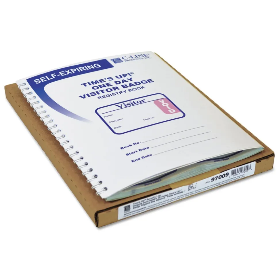 C-Line 3 in. x 2 in. Time's Up Self-Expiring Visitor Badges with Registry Log - White (150/Box)