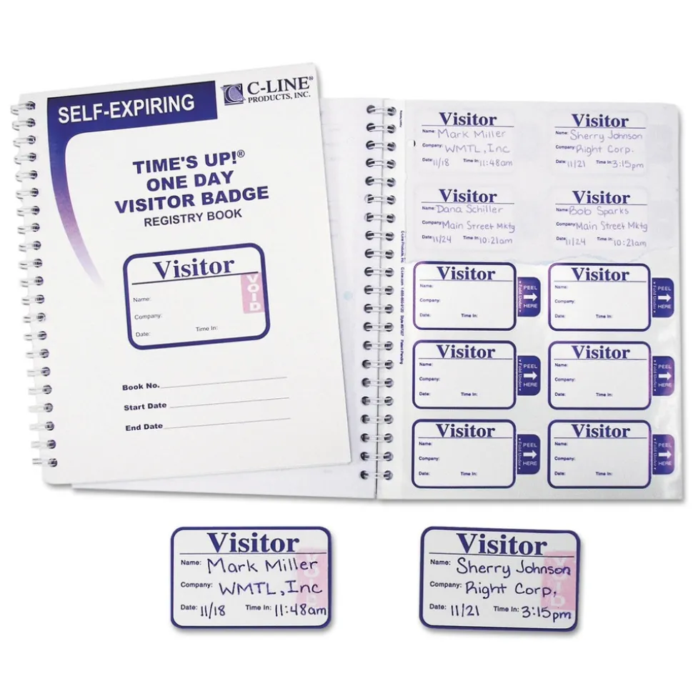 C-Line 3 in. x 2 in. Time's Up Self-Expiring Visitor Badges with Registry Log - White (150/Box)