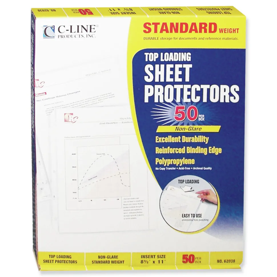 C-Line 3-Hole Punched Top Load 8.5 in. x 11 in. Insert Medium-Duty Polypropylene Sheet Protectors - Nonglare Clear Front (50/Box)