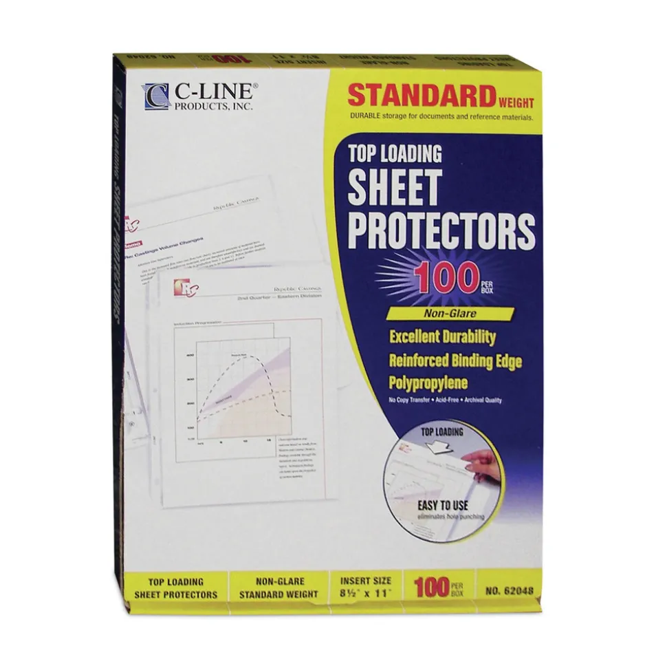 C-Line 3-Hole Punched Top Load 8.5 in. x 11 in. Insert Medium-Duty Polypropylene Sheet Protectors - Nonglare Clear Front (100/Box)