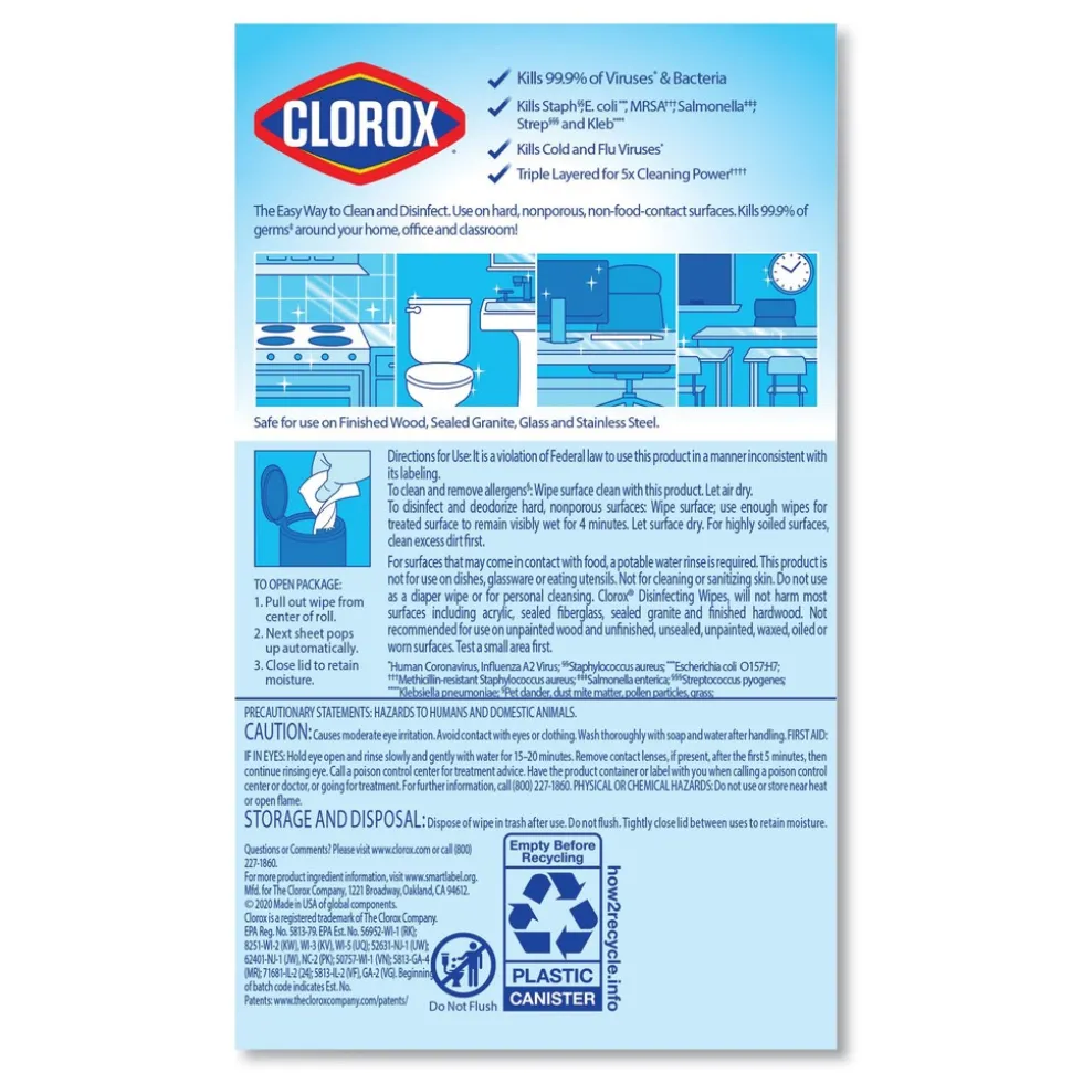 Clorox 7 in. x 8 in. 1-Ply Bleach Free Disinfecting Wipes - Fresh Scent, White (12 Canisters/Carton)