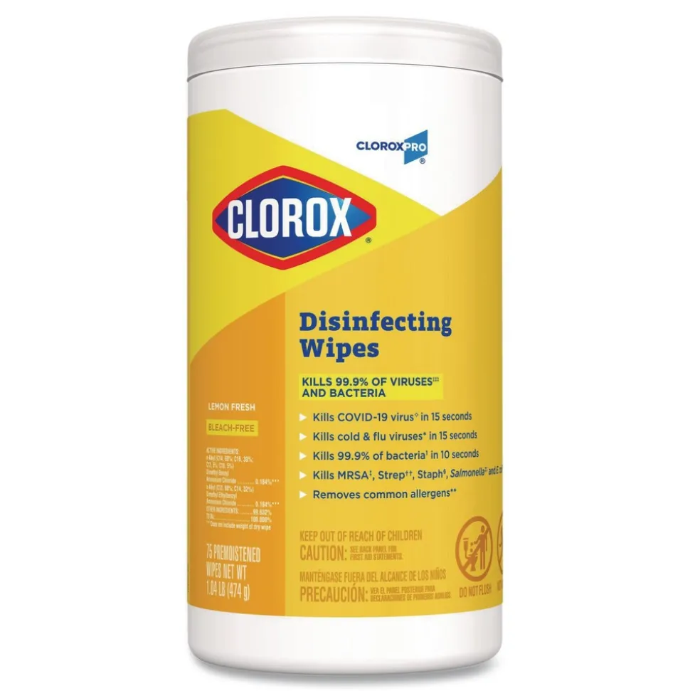 Clorox 7 in. x 8 in. 1-Ply Disinfecting Wipes - Lemon Fresh, White (75/Canister, 6/Carton)