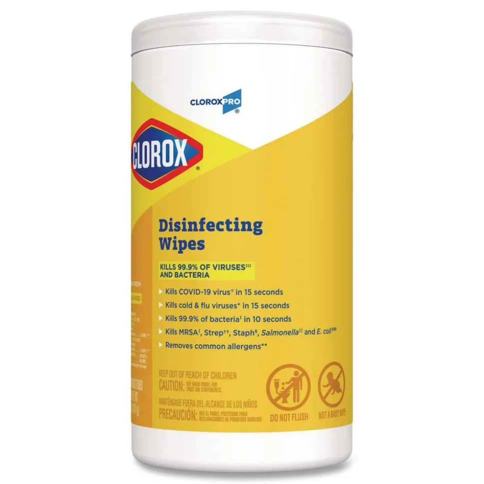 Clorox 7 in. x 8 in. 1-Ply Disinfecting Wipes - Lemon Fresh, White (75/Canister, 6/Carton)