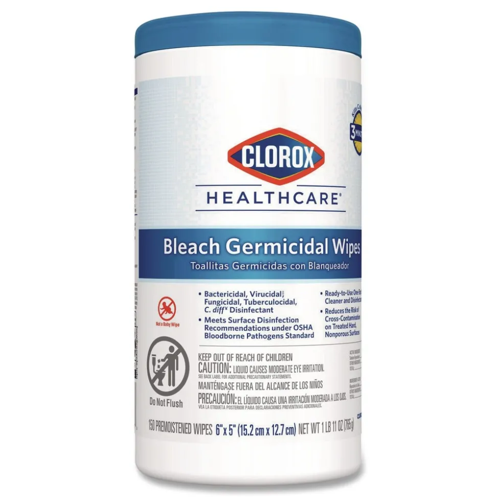 Clorox Healthcare 6 in. x 5 in. 1-Ply Bleach Germicidal Wipes - Unscented, White (150/Canister)