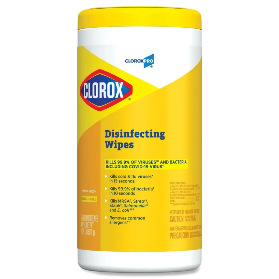Clorox 1-Ply 7 in. x 8 in. Disinfecting Wipes - Lemon Fresh, White (75/Canister)