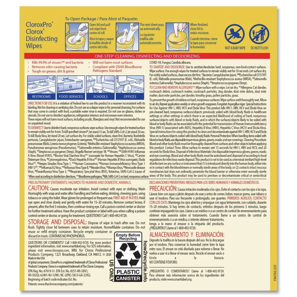 Clorox 1-Ply 7 in. x 8 in. Disinfecting Wipes - Lemon Fresh, White (75/Canister)