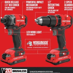 Craftsman V20 Brushless Lithium-Ion Cordless 4-Tool Combo Kit with (2) 2 Ah Batteries