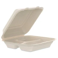 Dart 9.14 in. x 9 in. x 2.98 in. 3 Compartments ProPlanet Seal Compostable Molded Fiber Hinged Trays - Natural (200/Carton)