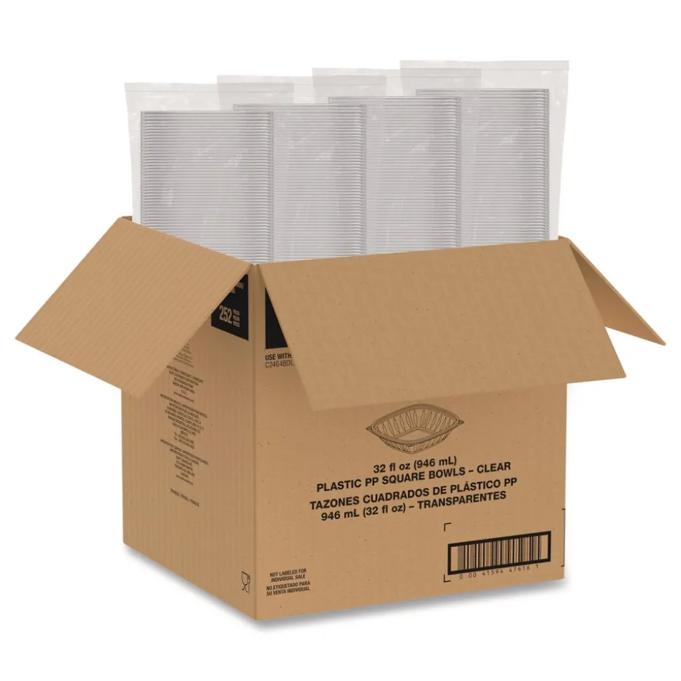 Dart 5 in. x 5 in. x 1.49 in. 32 oz. Plastic Bowls - Square Clear (252/Carton)