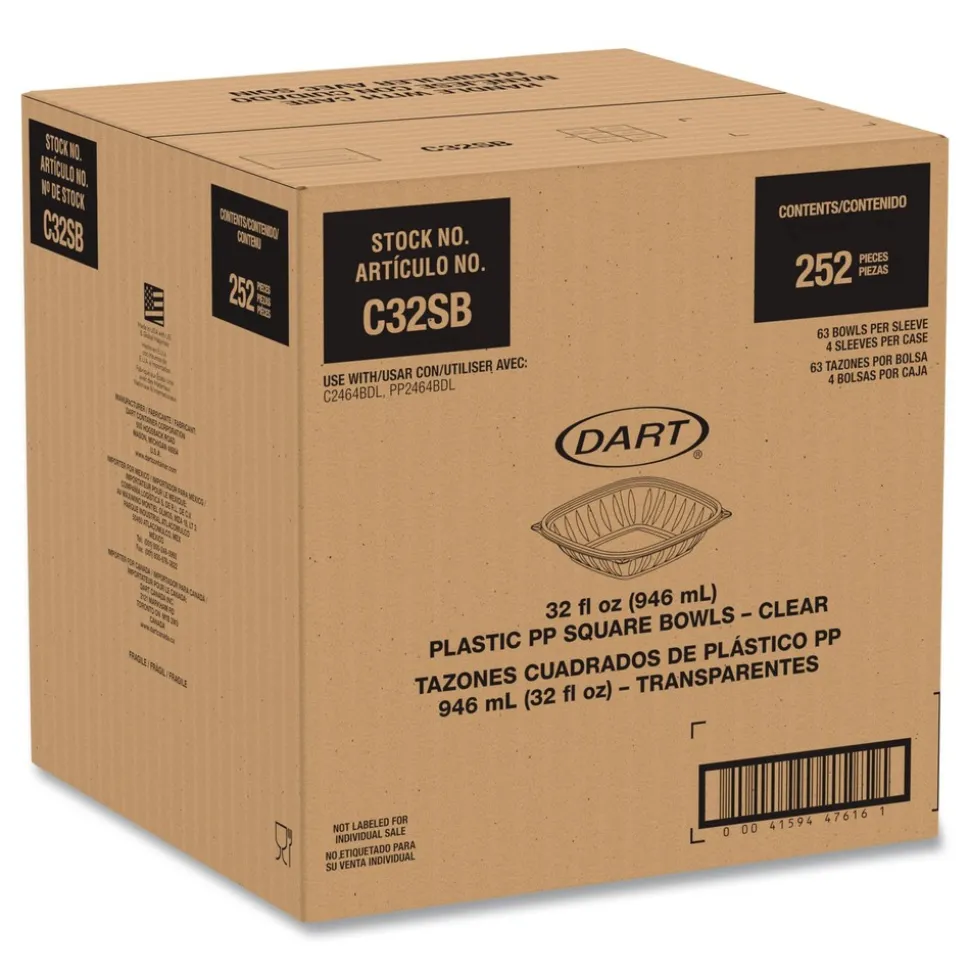 Dart 5 in. x 5 in. x 1.49 in. 32 oz. Plastic Bowls - Square Clear (252/Carton)