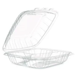 Dart 9 in. x 8.75 in. x 3 in. 3-Compartments ProPlanet Microwaveable Plastic Hinged Containers - Clear (150/Carton)