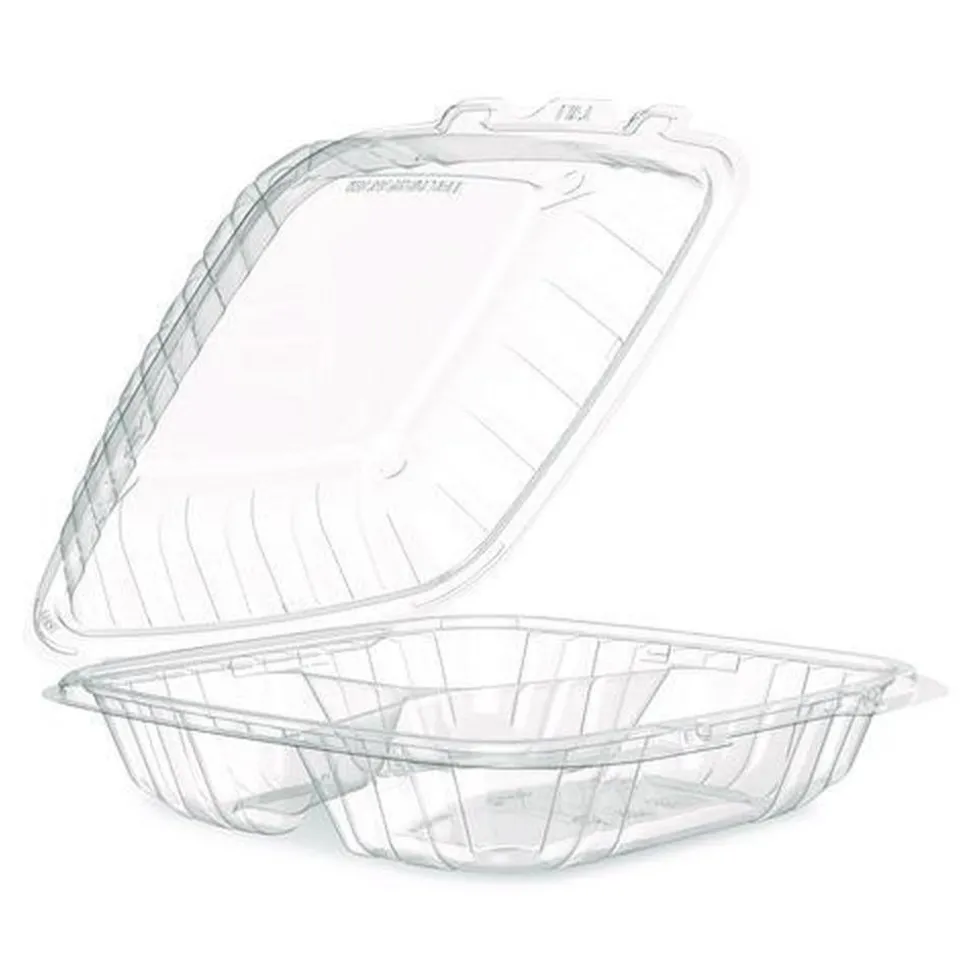 Dart 9 in. x 8.75 in. x 3 in. 3-Compartments ProPlanet Microwaveable Plastic Hinged Containers - Clear (150/Carton)