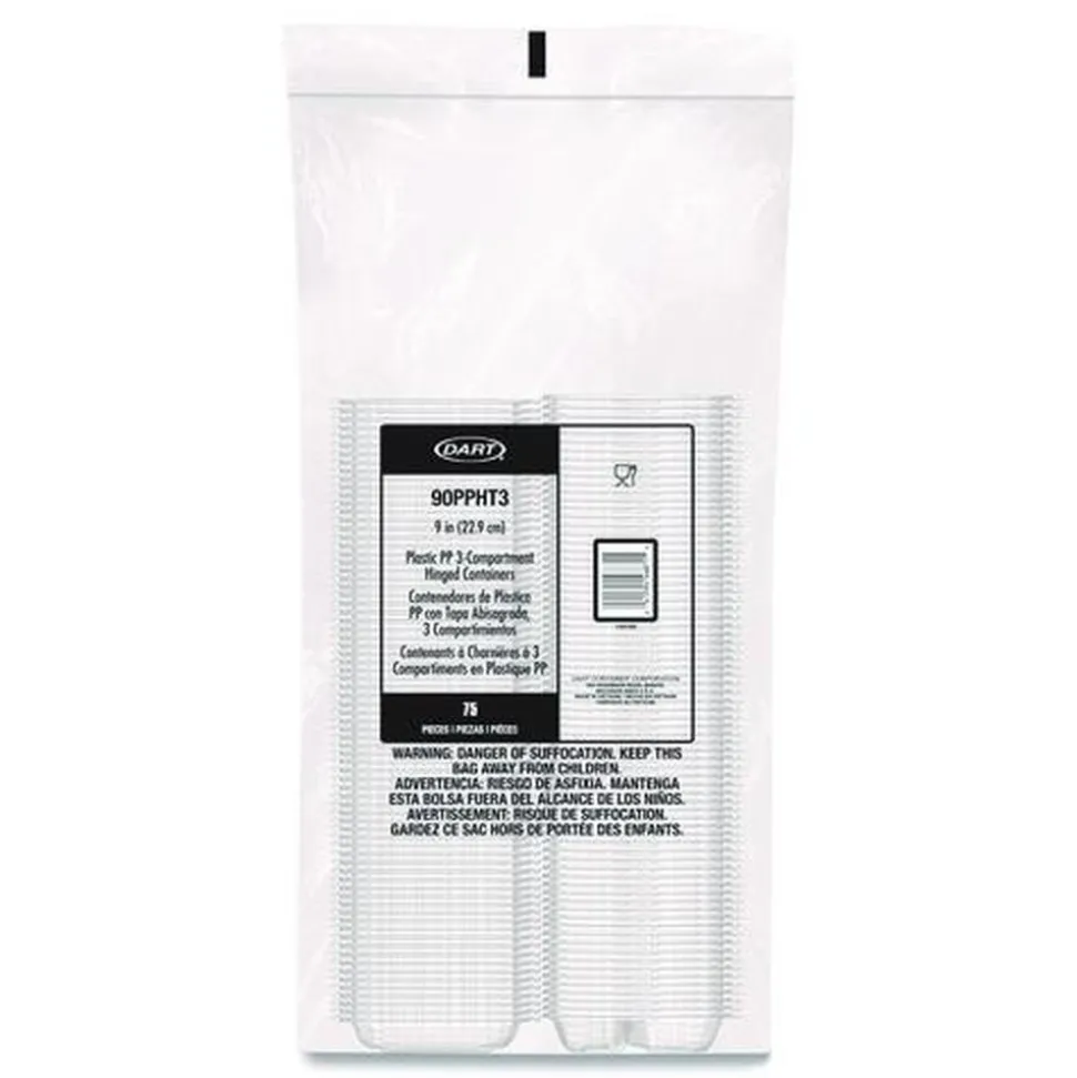 Dart 9 in. x 8.75 in. x 3 in. 3-Compartments ProPlanet Microwaveable Plastic Hinged Containers - Clear (150/Carton)