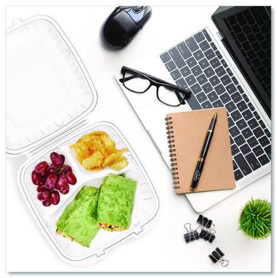 Dart 9 in. x 8.75 in. x 3 in. 3-Compartments ProPlanet Microwaveable Plastic Hinged Containers - Clear (150/Carton)