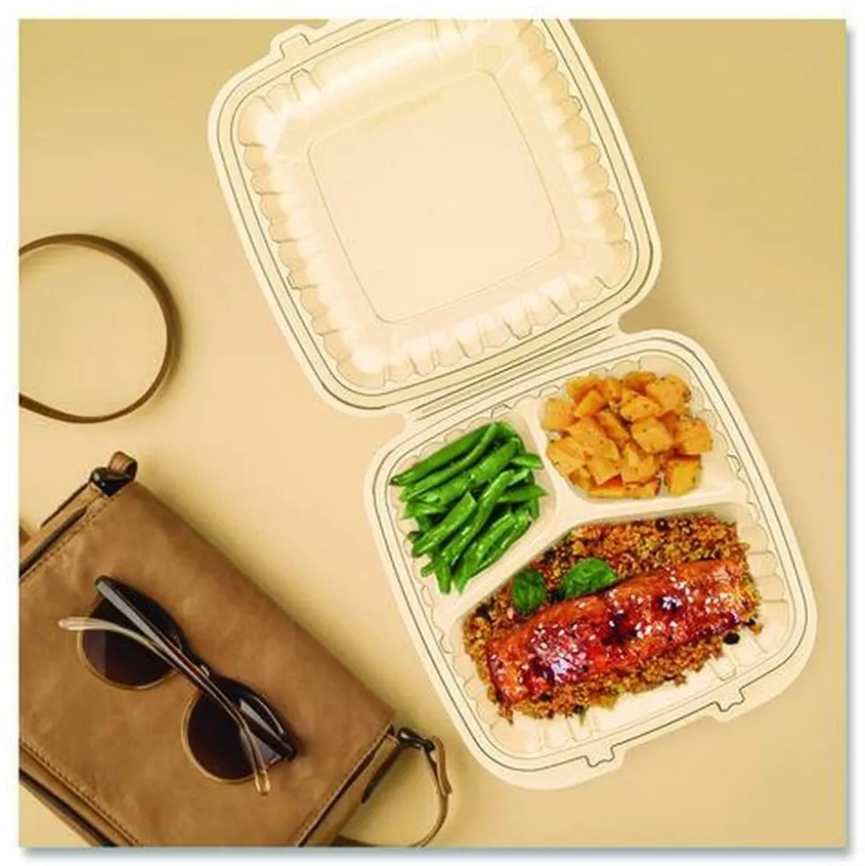 Dart 9 in. x 8.75 in. x 3 in. 3-Compartments ProPlanet Microwaveable Plastic Hinged Containers - Clear (150/Carton)