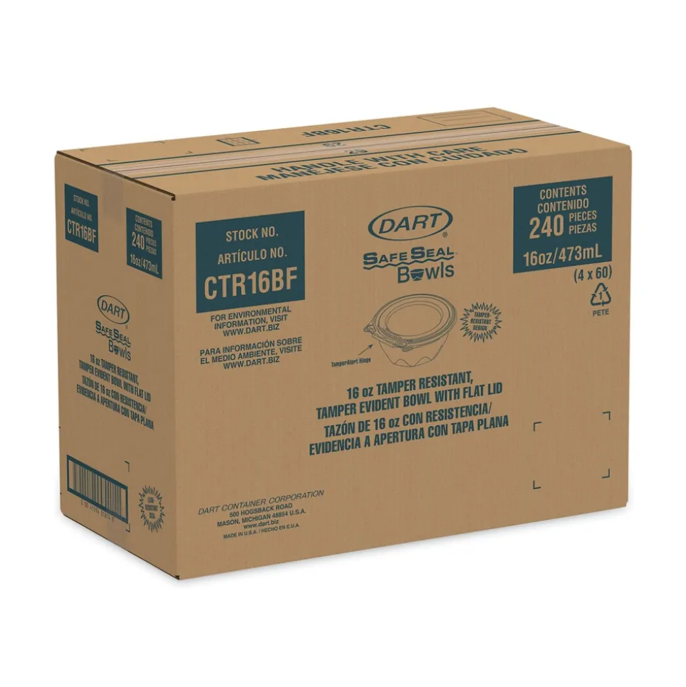 Dart CTR16BF 5.5 in. x 2.7 in. 16 oz. Tamper-Evident Flat-Lid Bowls - Clear (240/Carton)