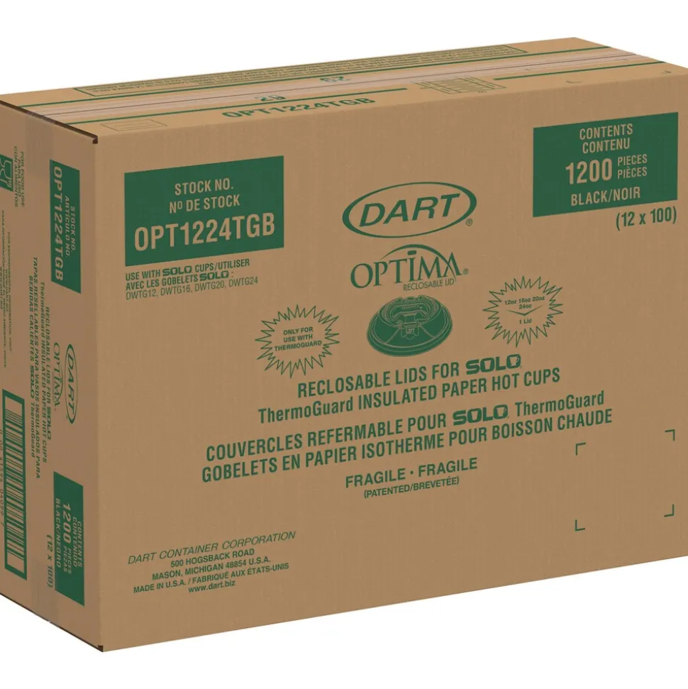 Dart Optima Reclosable Lids for Hot Paper Cups Fits 12 oz. to 24 oz. Hot Paper Cups - Black (1200/Carton)