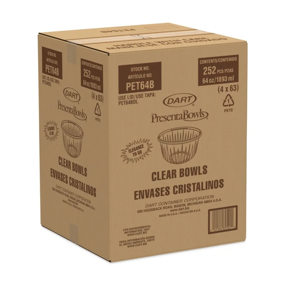 Dart PET64B PET Plastic 64 oz. Bowl - Clear (252/Carton)