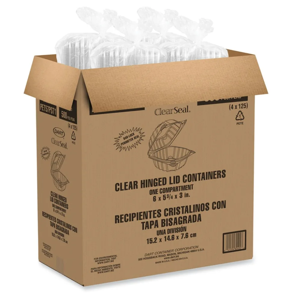 Dart PET57PST1 5.86 in. x 3.11 in. ClearSeal Hinged-Lid Plastic Containers - Clear (500/Carton)