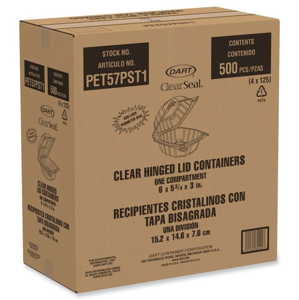 Dart PET57PST1 5.86 in. x 3.11 in. ClearSeal Hinged-Lid Plastic Containers - Clear (500/Carton)
