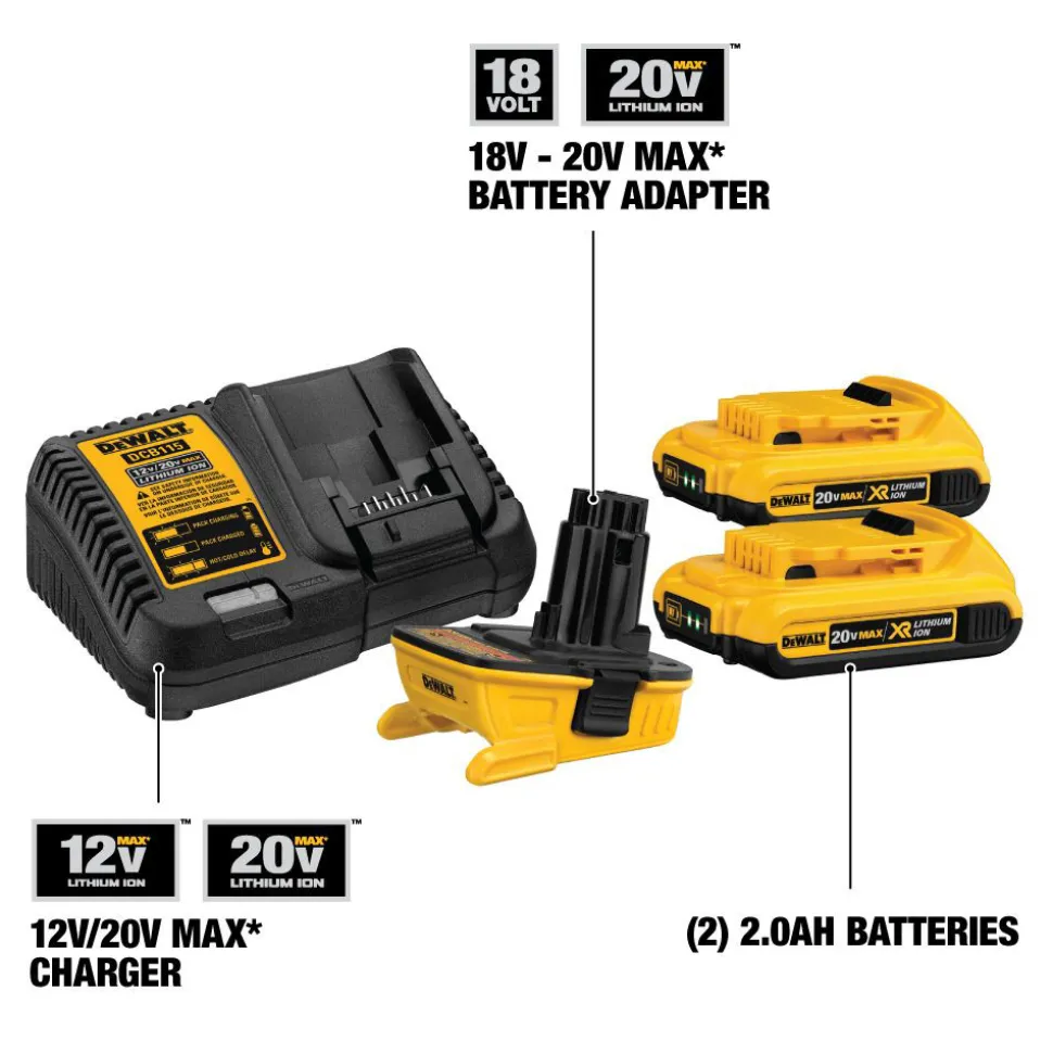 Dewalt 20V MAX Lithium-Ion Battery/Charger/Adapter Kit for 18V Cordless Tools with 2 Batteries (2 Ah)
