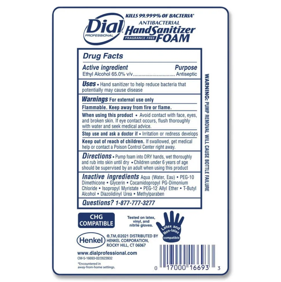 Dial Professional 1 Liter Bottle Antibacterial Foaming Hand Sanitizer Refill for FIT Touch Free Dispenser - Fragrance-Free (3/Carton)