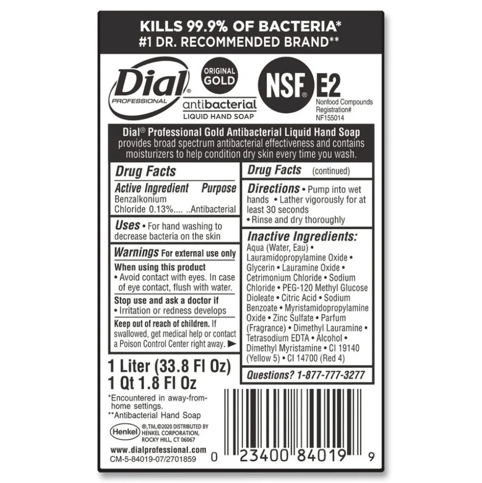 Dial Professional 1 Liter Gold Antibacterial Liquid Hand Soap (8/Carton)