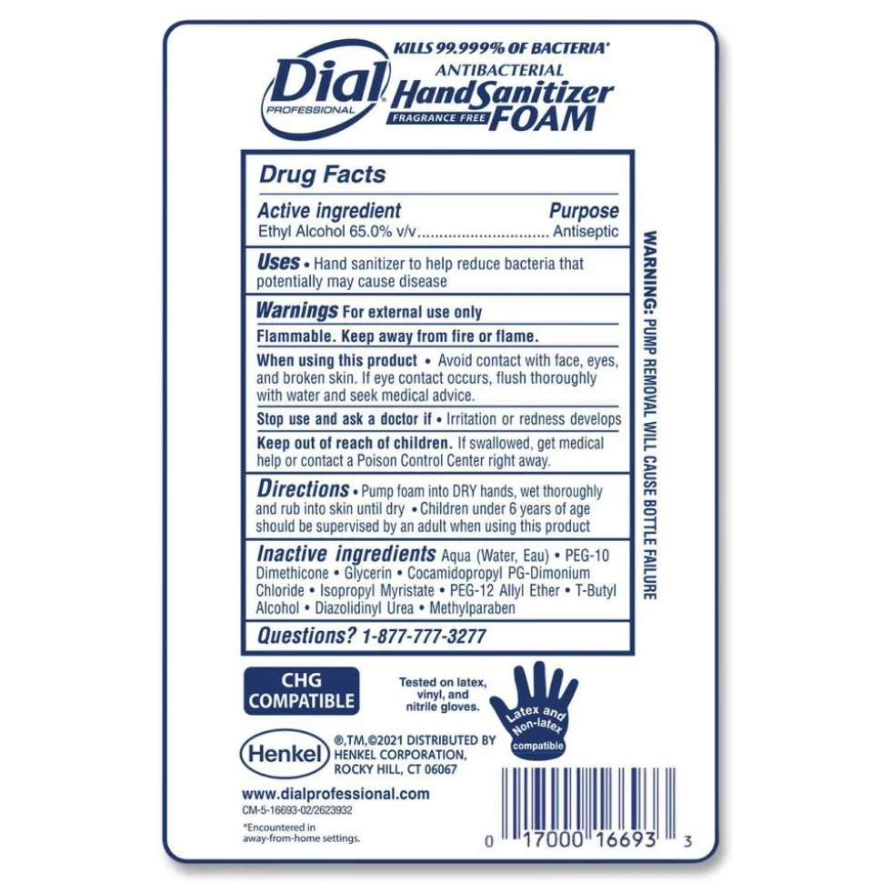 Dial Professional 1 Liter Bottle Antibacterial Foaming Hand Sanitizer Refill for FIT Touch Free Dispenser - Fragrance-Free