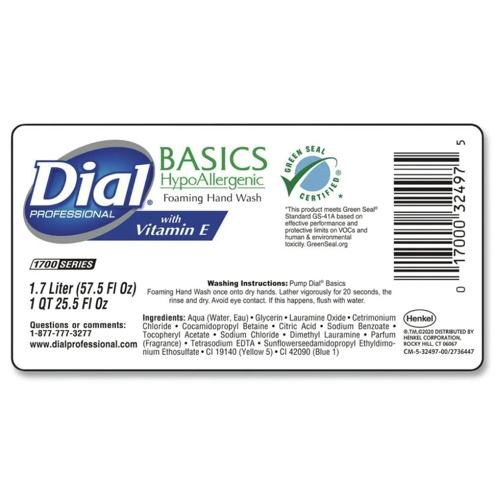Dial Professional Basics 1.7 Liter Hypoallergenic Foaming Hand Wash Refill for Dial 1700 Dispenser - Honeysuckle (3/Carton)