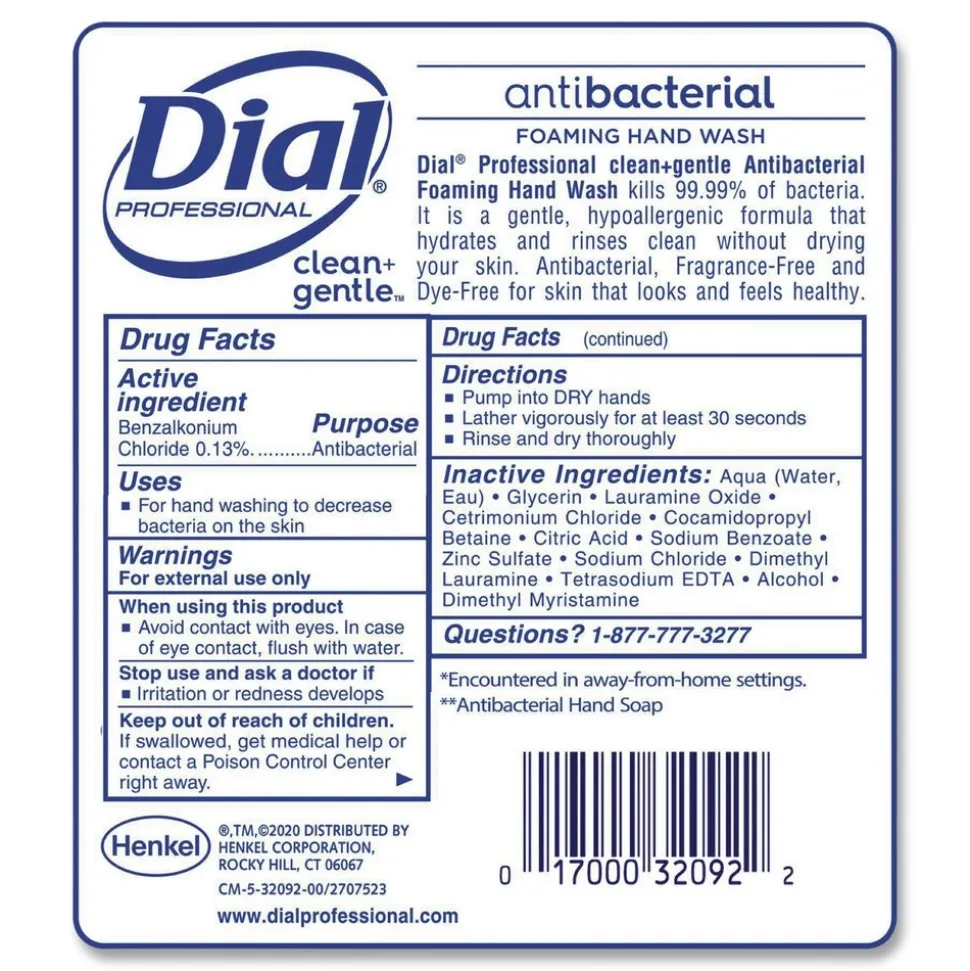 Dial Professional CleanPlusGentle 1.7 Liter Antibacterial Foaming Hand Wash Refill for 1700 Dispenser - Fragrance-Free (3/Carton)