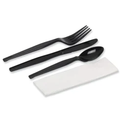Dixie Individually Wrapped Heavyweight Plastic Fork/Knife/Napkin/Spoon Set - Black (250/Carton)