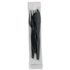 Dixie Individually Wrapped Heavyweight Plastic Fork/Knife/Napkin/Spoon Set - Black (250/Carton)