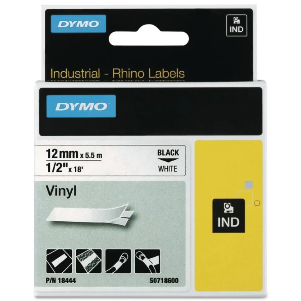 DYMO 0.5 in. x 18 ft. Rhino Permanent Vinyl Industrial Label Tape - White/Black Print