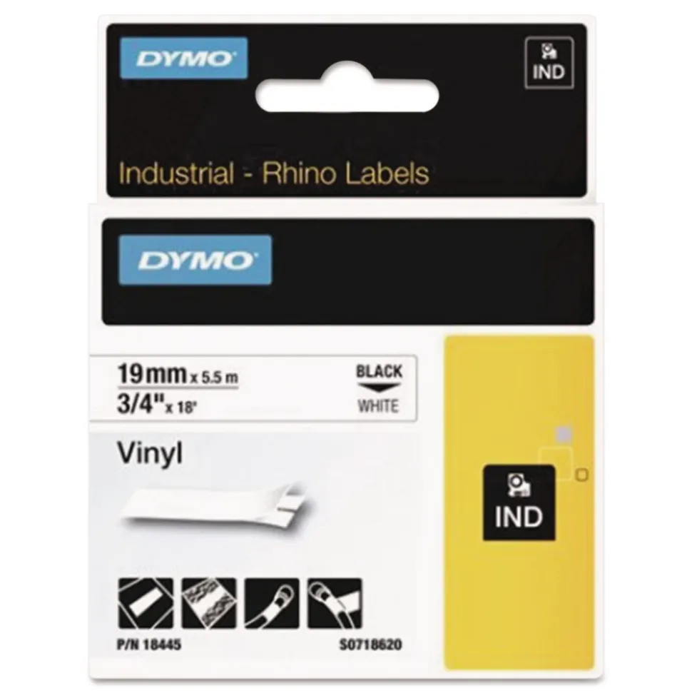DYMO 0.75 in. x 18 ft. Rhino Permanent Vinyl Industrial Label Tape - White/Black Print