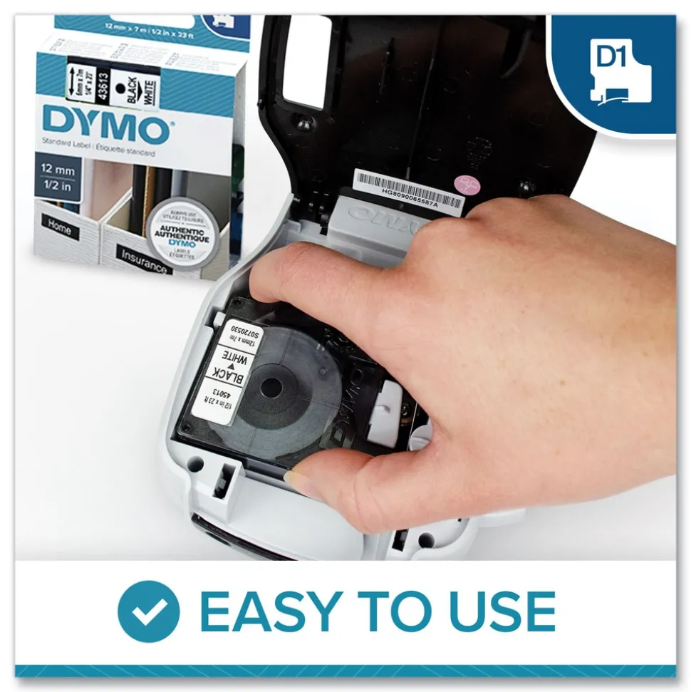 DYMO D1 High-Performance 0.37 in. x 23 ft. Polyester Removable Label Tape - Black on White